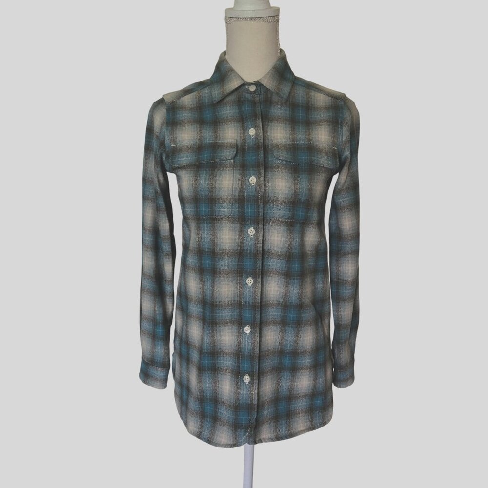 Pendleton Wool Board Blue Gray Plaid Flannel Shirt Longer Length Women's XXS